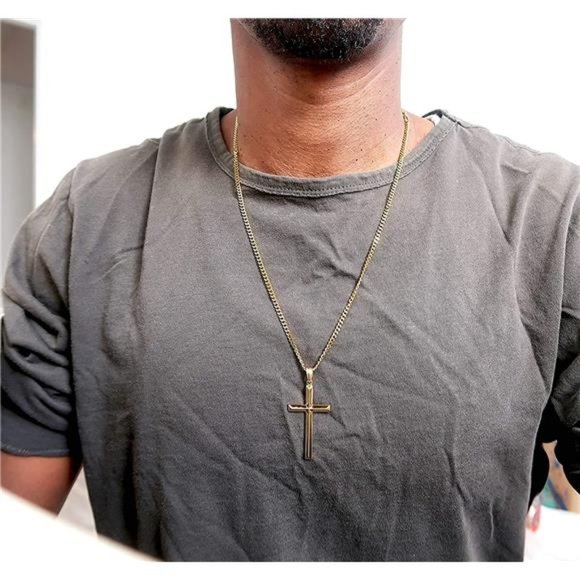 18K Gold Chain Style Cross Pendant Necklace Solid Clasp for Men, - Picture 5 of 6